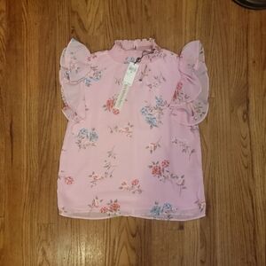 Catherine Malandrino Pink and Blue Floral Blouse with Ruffled Cap Sleeves